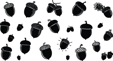 Various black acorn silhouette icons with distinct caps, stems, and occasional leaves scattered across transparent background. © jim's Cafe