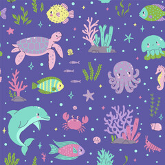 Naklejka premium Seamless pattern with cute underwater creatures. Vector graphics.