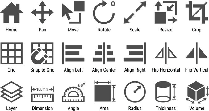 Graphic design tools icon set representing vector editing alignment measurement layout architecture and software workspace toolbar illustration