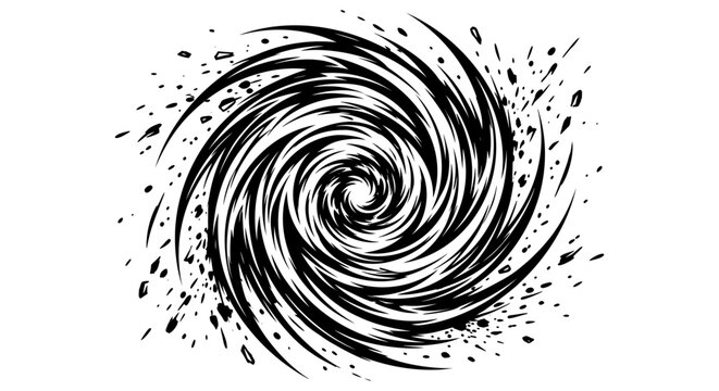 Dynamic black swirl vortex, abstract spiral motion graphic, ink splash whirlwind effect, circular storm design element for creative backgrounds
