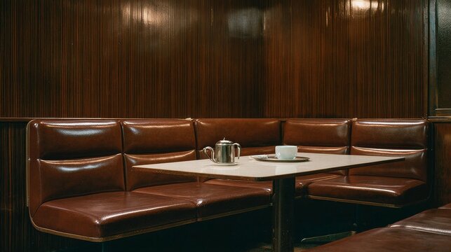 Empty classic diner booth interior with table teapot and cup