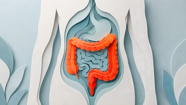 Visually stunning 3D paper cut illustration of the human large and small intestines, representing the complex digestive system and overall gut health.