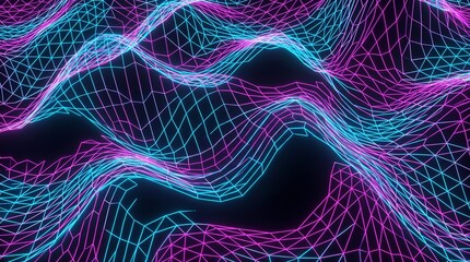 Obraz premium futuristic digital landscape featuring a complex wireframe mesh creating undulating wave patterns in glowing pink and cyan neon light against a dark background.
