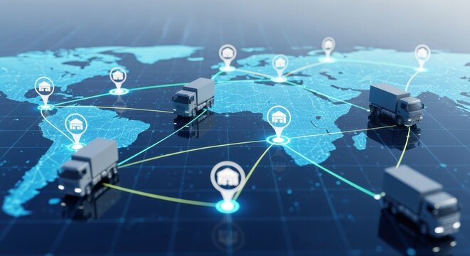 Network visualization of truckbased delivery systems integrated with realtime tracking on a virtual world map.