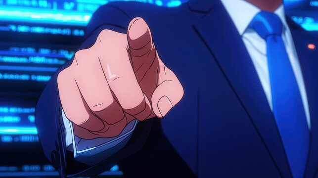 Close up of man hand pointing, dressed in business suit with blue tie, against backdrop of digital data. image conveys authority and focus