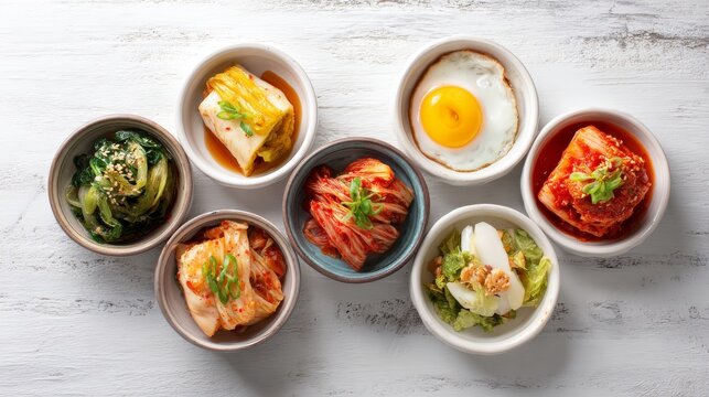 Assorted Korean kimchi and vegetable banchan bowls overhead view