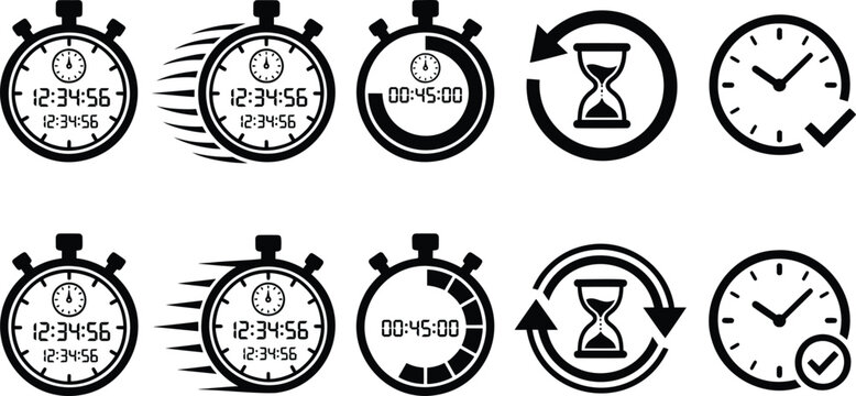 Stopwatch and timer icon set, black flat vector clock symbols, 10 time management and speed icons for business and sports apps