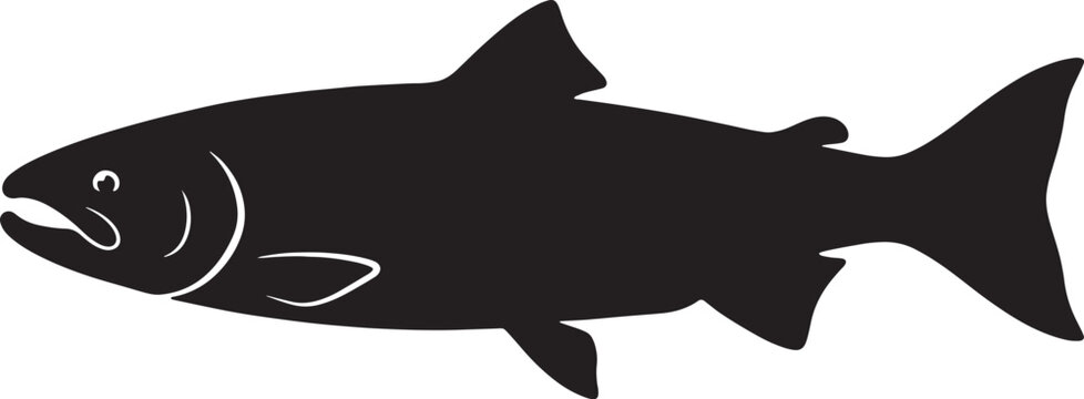 Black salmon fish vector illustration with line art details isolated for commercial design.