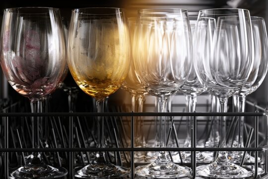 Wine glasses with residue inside a dishwasher rack ready for cleaning under indoor kitchen lighting with steam in the background