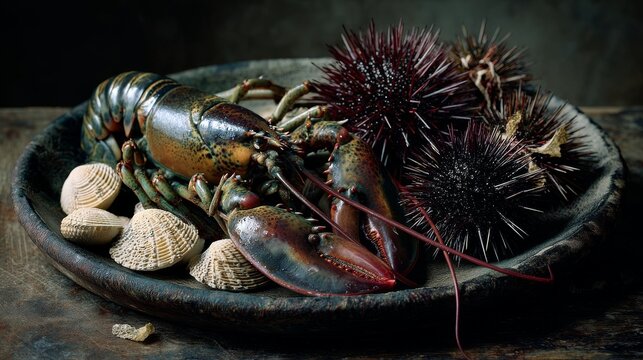 Assorted raw seafood platter with whole lobster sea urchin clams
