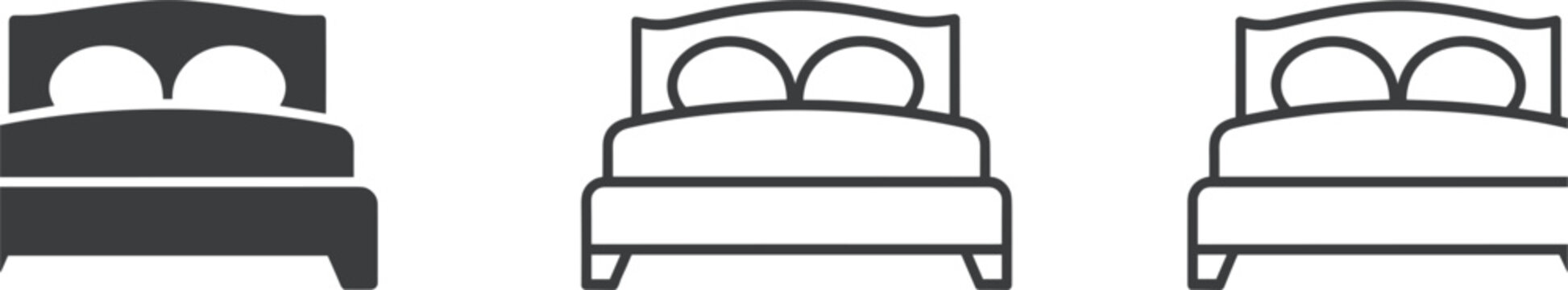 Three of a classic bed with a curved headboard, shown in solid black, thick outline, and thin line styles