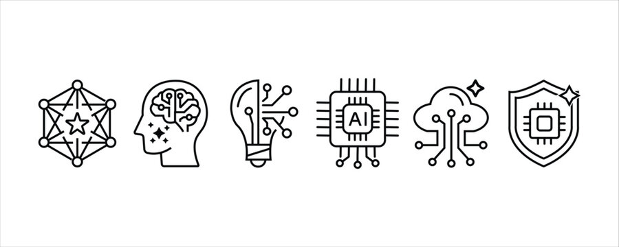Artificial intelligence and machine learning technology line icon collection