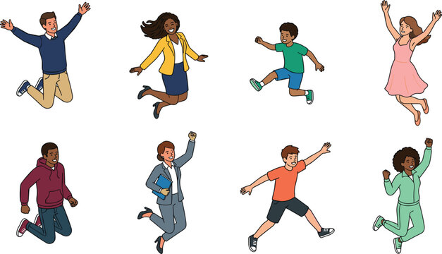 Diverse Group of Happy People and Kids Jumping in the Air Vector Character Set Celebrating Success, Freedom, and Positive Energy Concepts