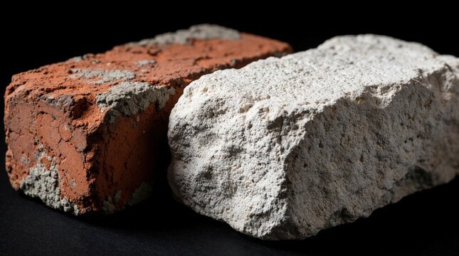 Close up of red brick and white stone materials on black background. Showcasing rough textures and construction details for building industry reference. Object comparison.