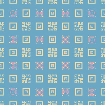 Pixel geometric pattern with alternating square spirals and interlaced motifs in cream and pink on a turquoise field, arranged in a clean rhythmic grid.