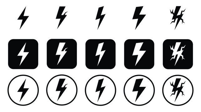 Lightning bolt energy icons in various circular and square container styles