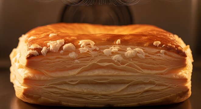 Fresh puff pastry with golden flaky layers baking inside a warm oven