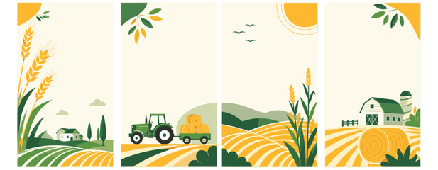 Fototapeta premium Agriculture cover design with farming field landscape, wheat crop, tractor, harvest meadow, hayfield banner background for flyer poster vector illustration
