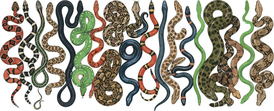Various snake species vector collection featuring realistic venomous serpents pythons vipers anacondas and cobras with detailed scale skin patterns