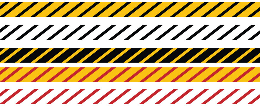 Yellow black and red warning caution tape hazard diagonal stripes vector set for safety traffic construction boundary line design