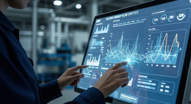 Operator interacting with digital display featuring continuous factory energy flow statistics