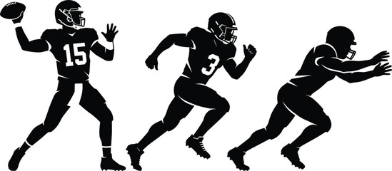 American football players black silhouette actions set with quarterback throwing running and tackling moves isolated on background