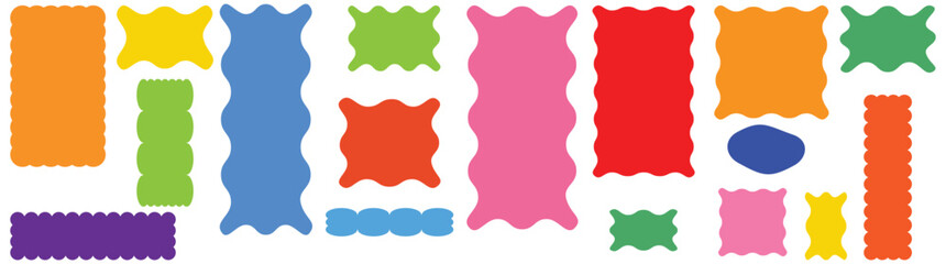 Obraz premium Rectangle shape frame with zigzag edge. Postage stamp borders. Set of colorful wavy edge frames. Cloudy wave curve edge frame vector set.