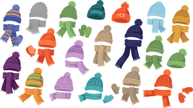 Winter hats and knitted scarves vector collection featuring colorful beanies, wool mittens, and warm clothing sets isolated on white background
