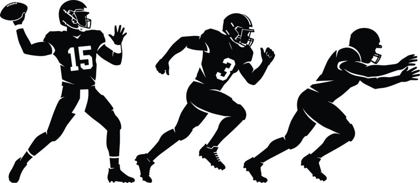 American football players black silhouette actions set with quarterback throwing running and tackling moves isolated on background