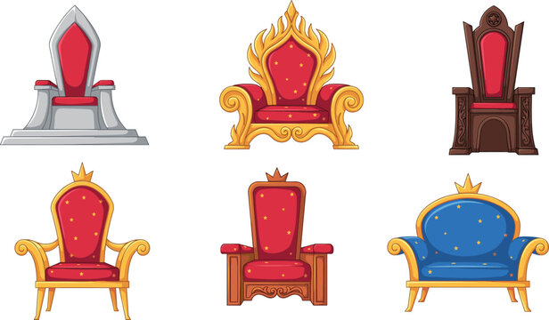 Royal medieval thrones and fantasy king armchairs vector collection featuring golden gothic and majestic chairs isolated on white background