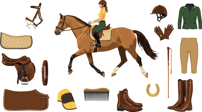 Equestrian sports and horseback riding gear vector collection featuring a female rider, saddle, boots, and uniform isolated on white background