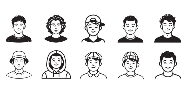 Diverse male avatar icons set featuring various hairstyles and headwear isolated on white background