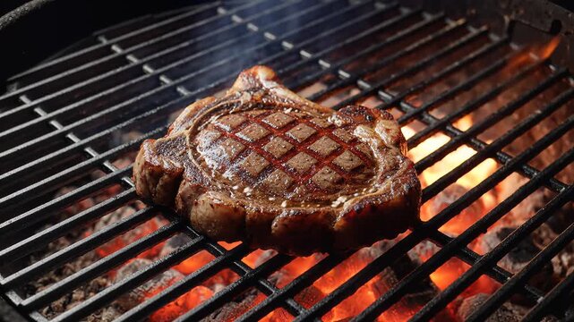 Thick juicy beef steak grilling over hot glowing coals with perfect crosshatch grill marks and fire flames
