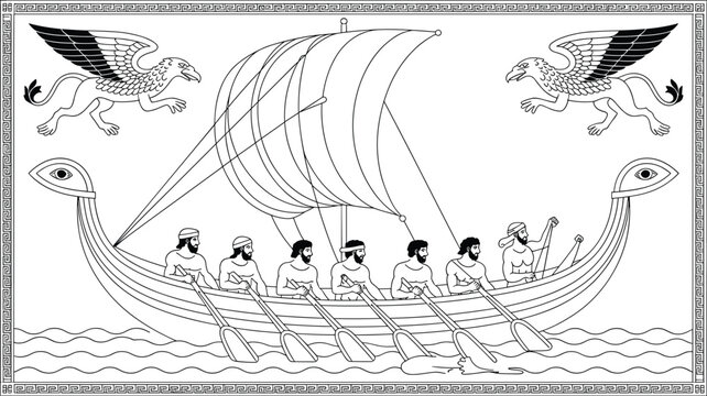 Ancient Greek galley galley ship vector illustration featuring rowers sailing on waves flanked by mythical griffin creatures