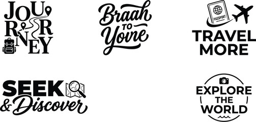 Set of five travel themed typography designs with inspirational quotes and hand drawn adventure elements for graphic projects © md