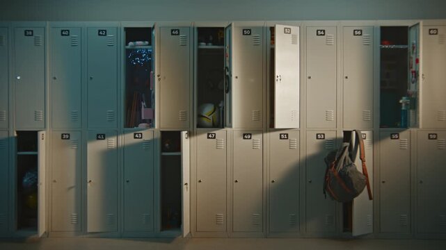 Quiet School Hallway Lined With Metal Lockers Before Students Arrive, Capturing Calm Atmosphere of New School Day. Modern Educational Interior With Copy Space, Learning, and Campus Lifestyle Concepts.