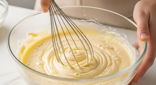 Person whisking creamy cake batter in a glass mixing bowl for baking dessert