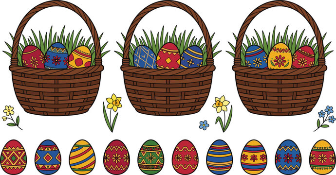 Hand Drawn Easter Basket and Decorated Paschal Eggs Element Collection Pack Featuring Geometric Patterned Eggs, Wicker Baskets, Daffodils, and Forget-Me-Nots