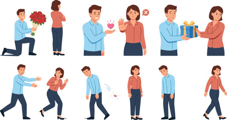Obraz premium Man Facing Love Rejection and Unrequited Feelings from a Woman Vector Character Set for Relationship Breakup and Psychology Graphic Designs