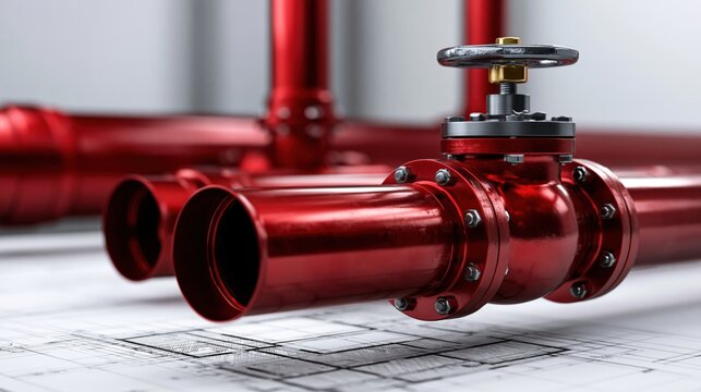 Industrial red steel pipes with valve and flange fittings arranged over technical engineering floor plans in modern construction project setting