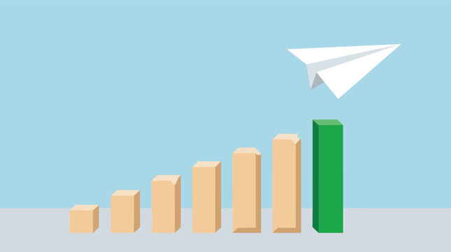 Business growth bar chart with flying paper plane vision flat vector illustration for corporate strategy branding