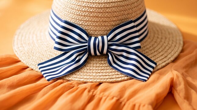 Straw sun hat with navy striped bow on orange fabric.