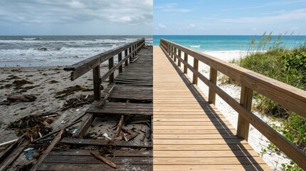 Obraz premium Damaged and Restored Beach Boardwalk Before and After Hurricane