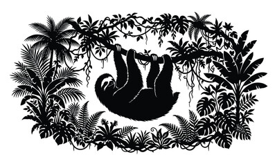 Obraz premium Sloth hanging from tropical jungle tree branch silhouette with silhouette wildlife tropical
