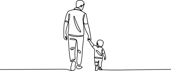 Obraz premium Father and son walking holding hands rear view line art sketch for parenting concepts on white background