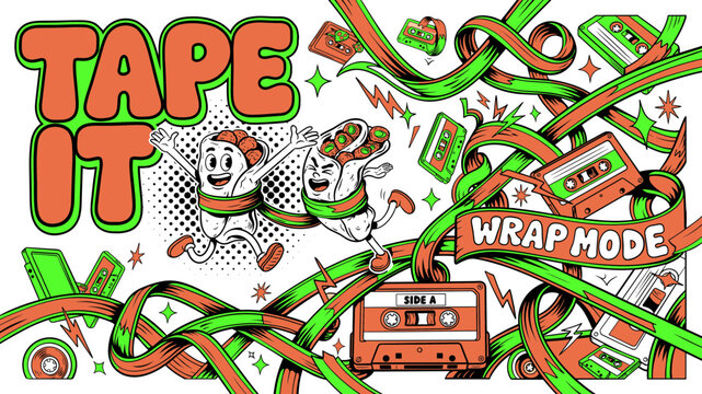 Fun Cartoon Vector Illustration of Anthropomorphic Burrito Characters Wrapped in Retro Cassette Tape Ribbons with Bold Pop Art Text Saying Tape It and Wrap Mode 
