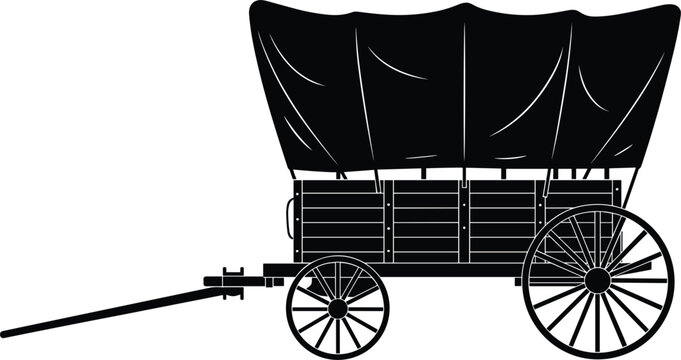 Vintage wild west covered wagon silhouette vintage pioneer carriage vector illustration with rustic wooden spoked wheels