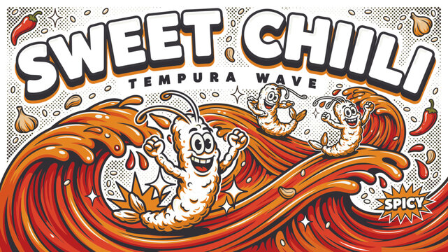 Spicy Shrimp Tempura Character Illustration with Dynamic Waves for Japanese Cuisine Branding, Restaurant Menus, and Exciting Food Advertising Graphics