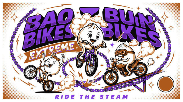 Bao Bun Characters on Bicycles and Motorcycles Illustration for Fast Food Delivery Branding, Fun Asian Snack Menus, and Extreme Food Concept Posters