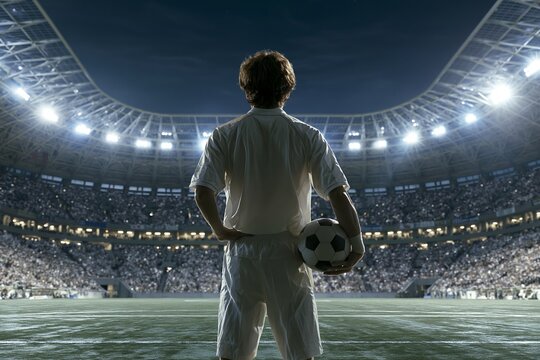 煌めくナイター照明の下ボールを抱え立つサッカー男性選手